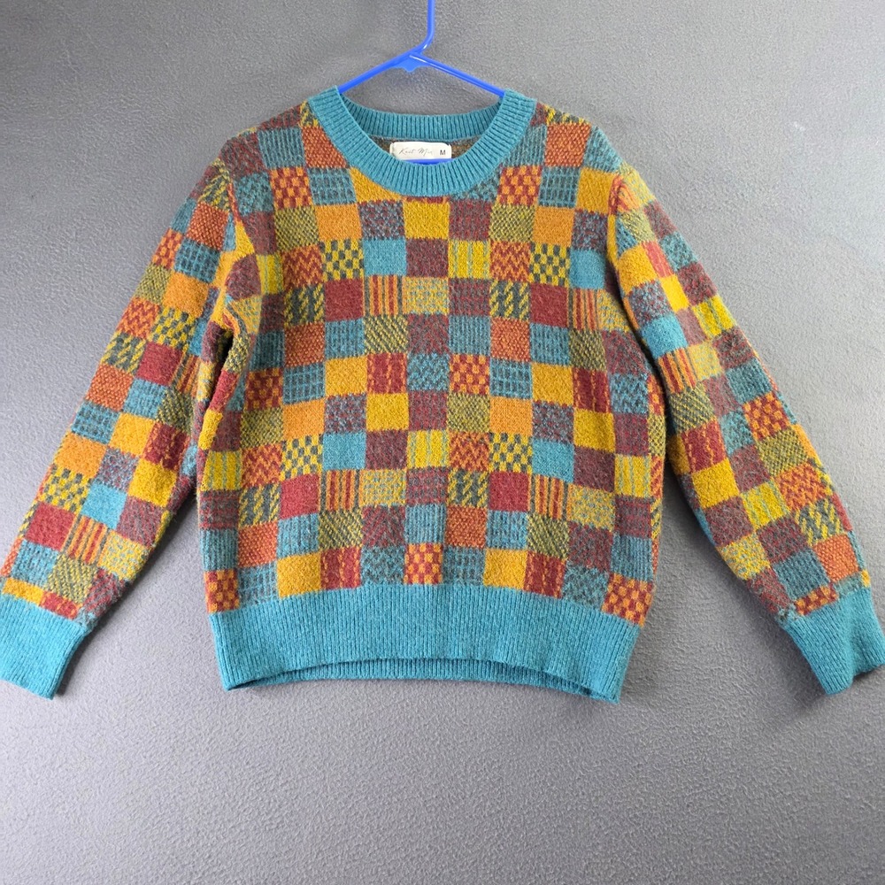 Knit Mix Multi Color Patchwork Checkerboard Crewneck Sweater Medium